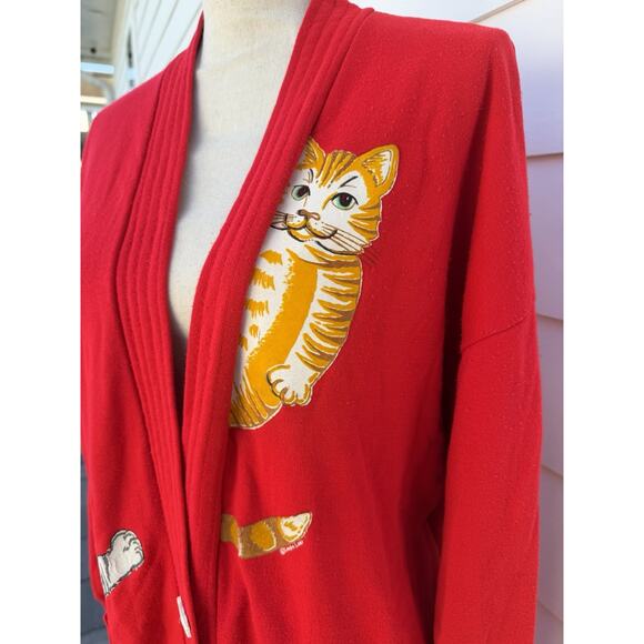 Vintage Linda Lori NY Women Large Cardigan Sweater Red Cat 80s 90s Cat Lady - Picture 3 of 7